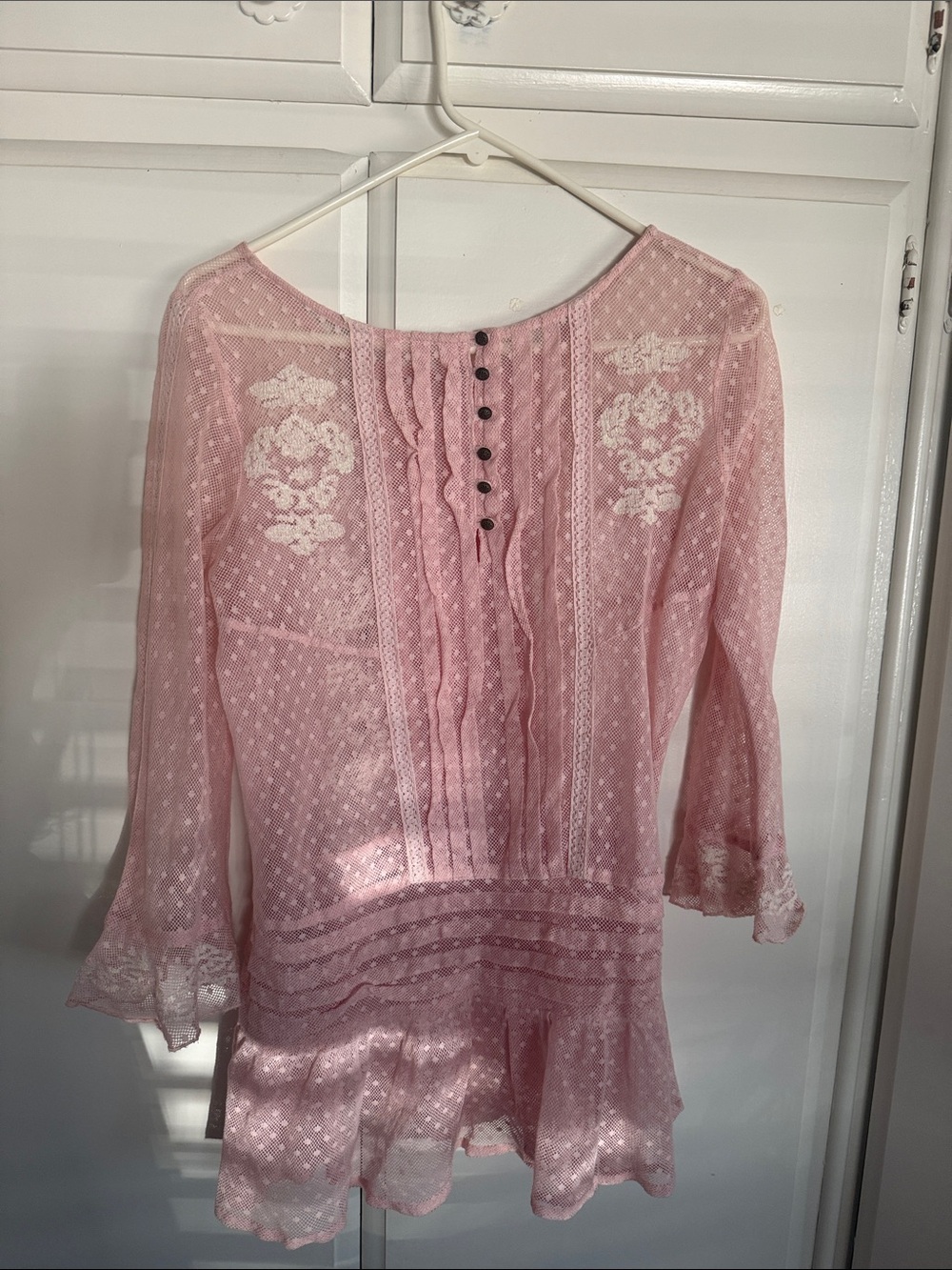 Free People Pink Sheer Lace Peasant Blouse